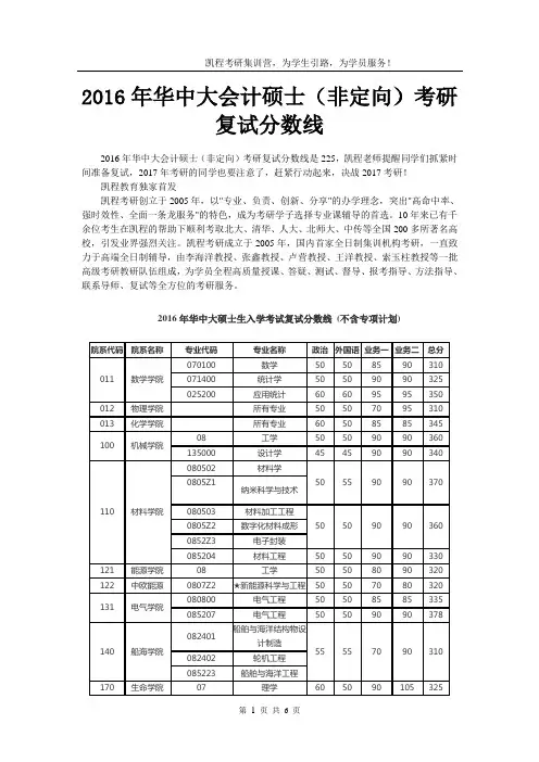 2016年华中大会计硕士(非定向)考研复试分数线