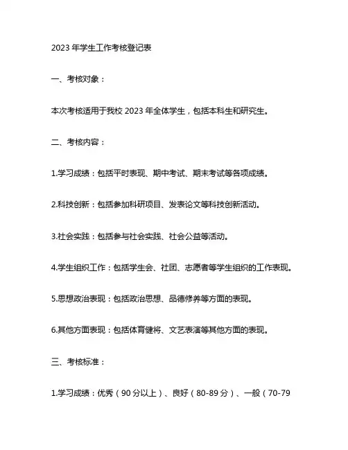 2023年学生工作考核登记表