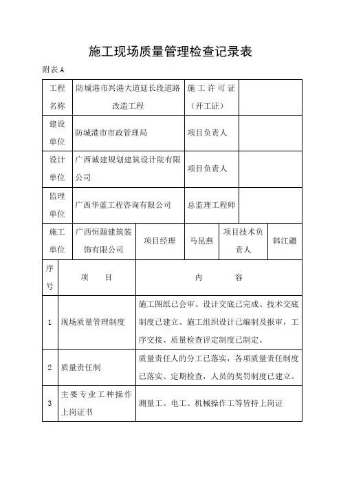 施工现场质量管理检查记录表~~~