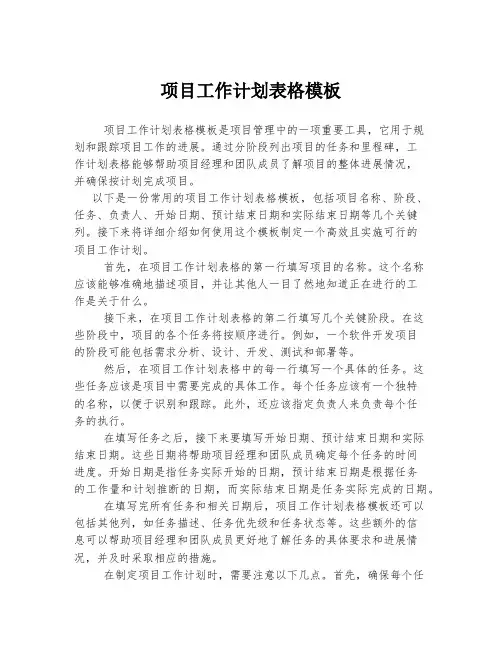 项目工作计划表格模板