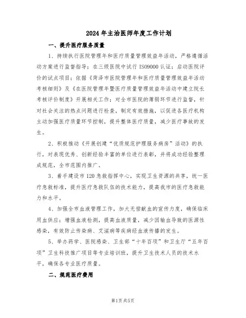 2024年主治医师年度工作计划（二篇）