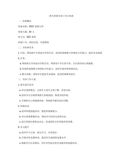 新生班级年度工作计划表