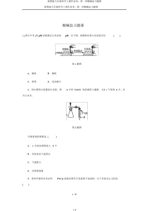 浙教版九年级科学上册作业本：第一章酸碱盐习题课