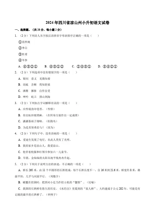 四川省凉山彝族自治州2024年小升初语文试卷(有答案)