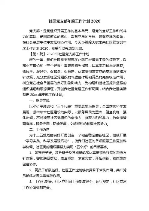 社区党支部年度工作计划2020