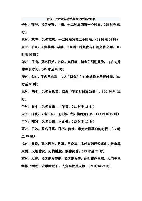 古代十二时辰记时法与现代时间对照表