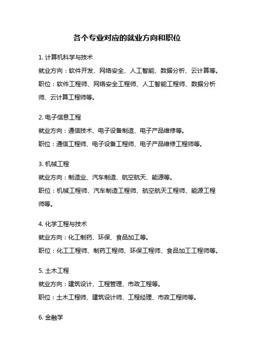 各个专业对应的就业方向和职位