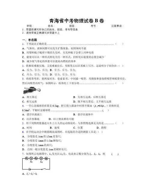 精编青海省中考物理试卷B卷附解析