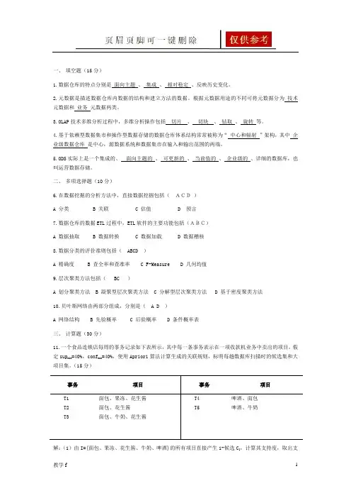 数据仓库与数据挖掘考试试题(作业试题)