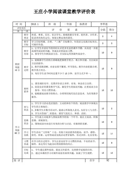 阅读活动评价表