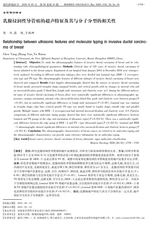乳腺浸润性导管癌的超声特征及其与分子分型的相关性