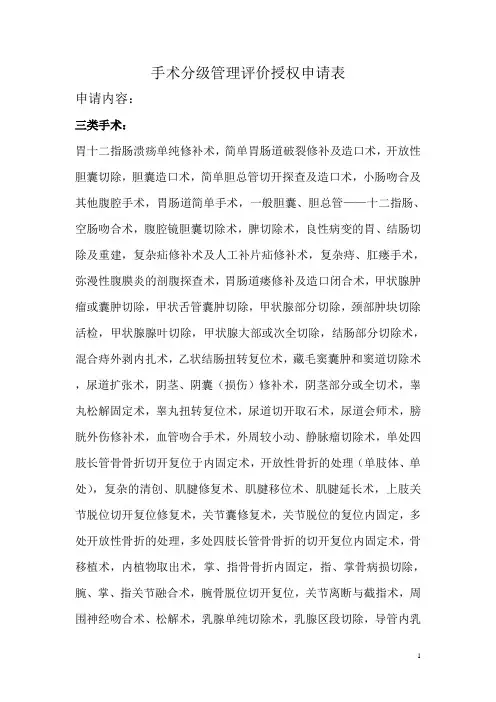 手术分级管理评价授权申请表