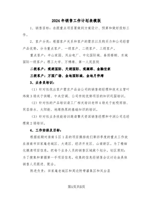 2024年销售工作计划表模版（2篇）