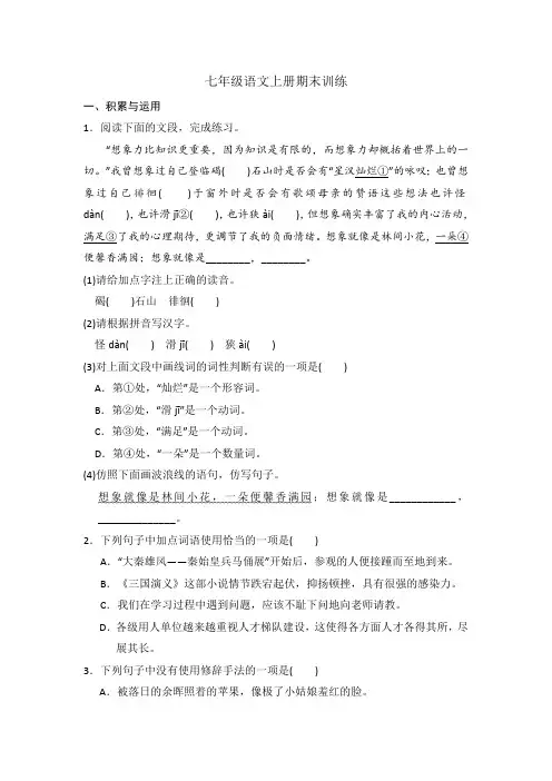 七年级语文上册期末基础练习(含答案)