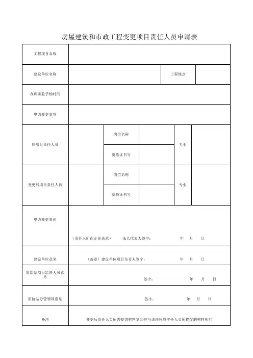 房屋建筑和市政工程变更项目责任人员申请表