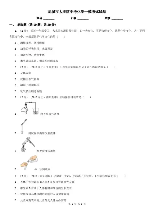 盐城市大丰区中考化学一模考试试卷