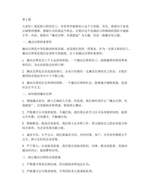 新入职员工廉洁发言稿(3篇)