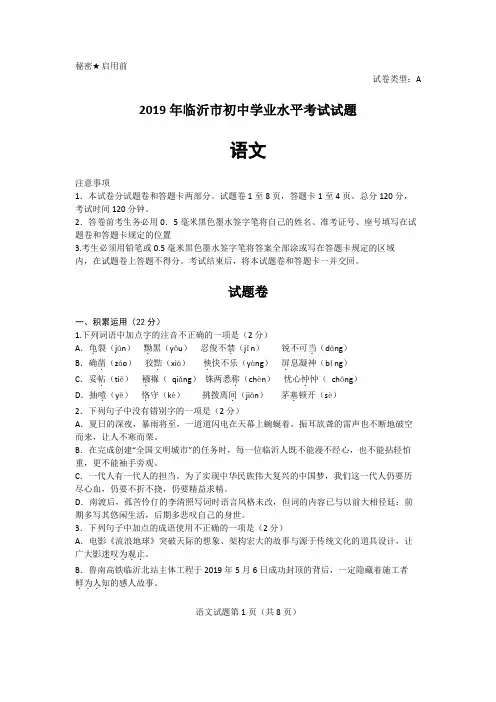 2019年临沂语文中考真题 临沂市初中学业水平考试试题