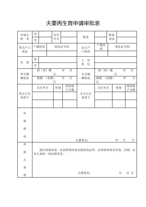 夫妻再生育申请审批表【模板】