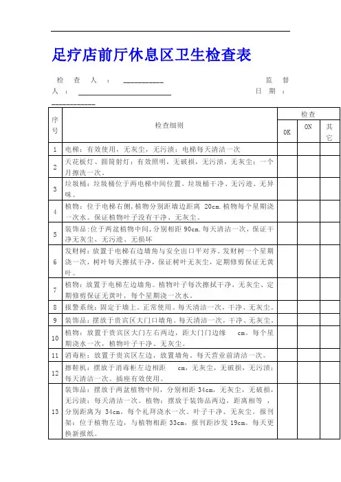 足疗店前厅休息区卫生检查表