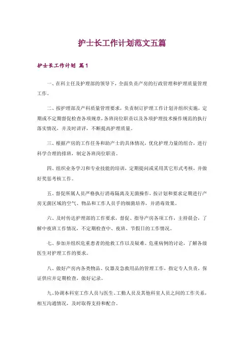 护士长工作计划范文五篇