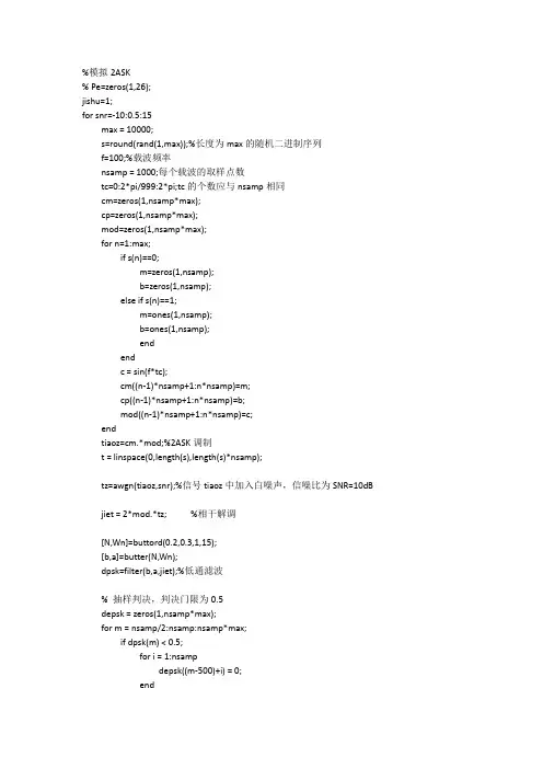 MATLAB模拟2ASK调制误码率与信噪比关系曲线的程序