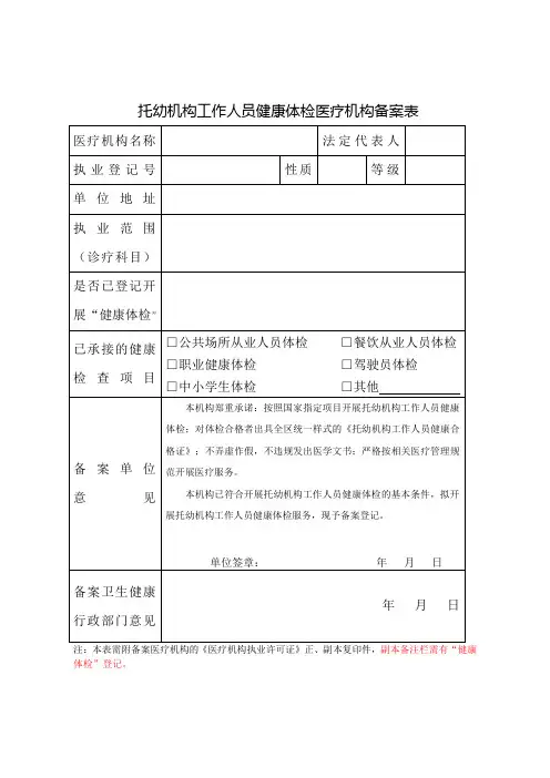 幼儿园托育托儿所工作人员健康体检医疗机构备案表