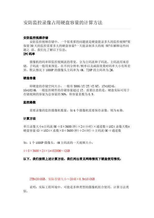 安防监控录像占用硬盘容量的计算方法