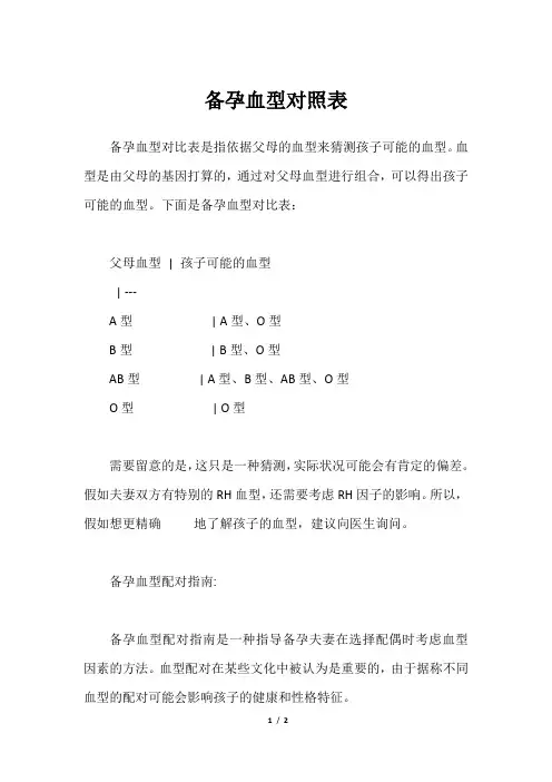 备孕血型对照表