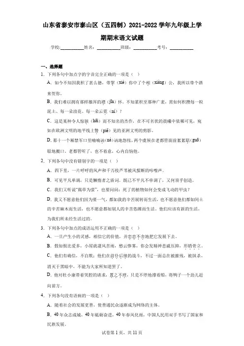 山东省泰安市泰山区(五四制)2021-2022学年九年级上学期期末语文试题