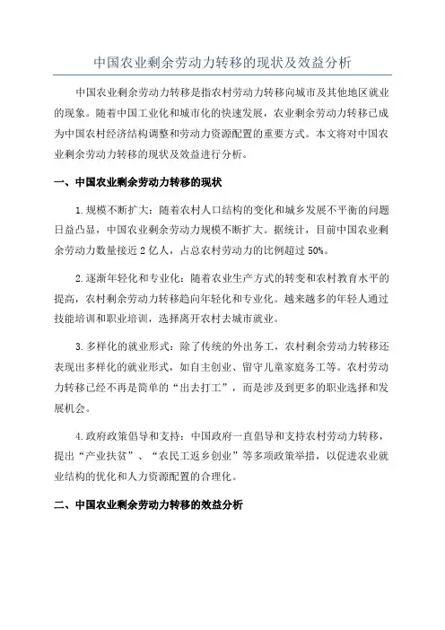 中国农业剩余劳动力转移的现状及效益分析