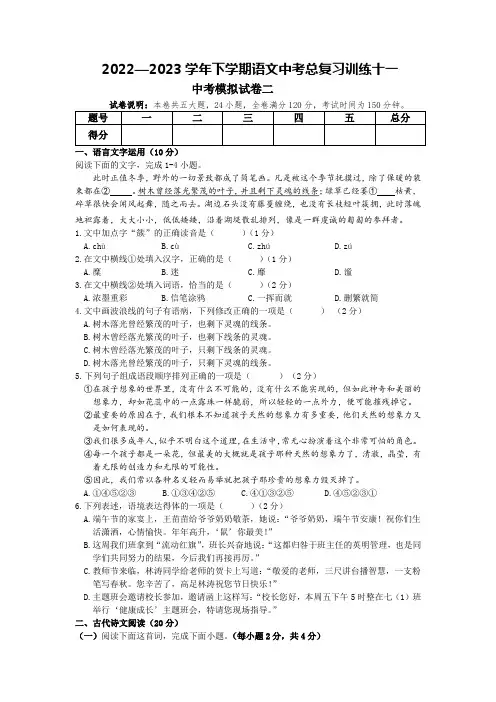 人教版2023年中考语文总复习训练十一：中考第二次模拟练习