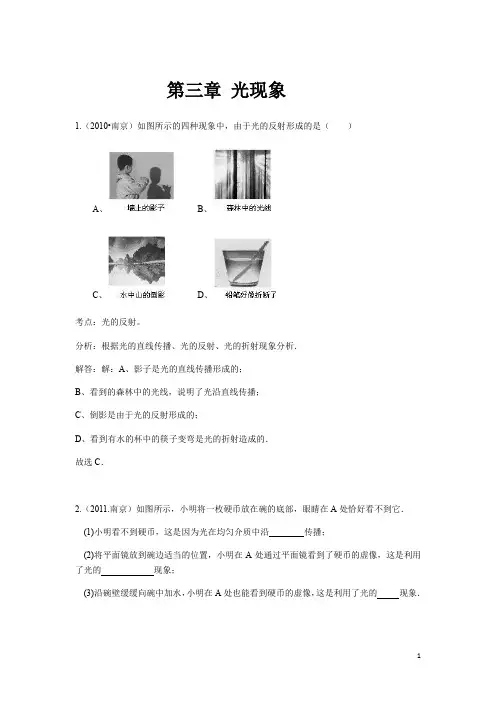 南京市(2010年~2021年)中考物理试题选编：第3章 光现象(含答案)