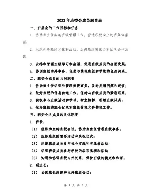 2023年班委会成员职责表