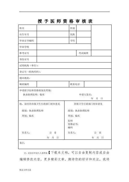 授予医师资格审核表