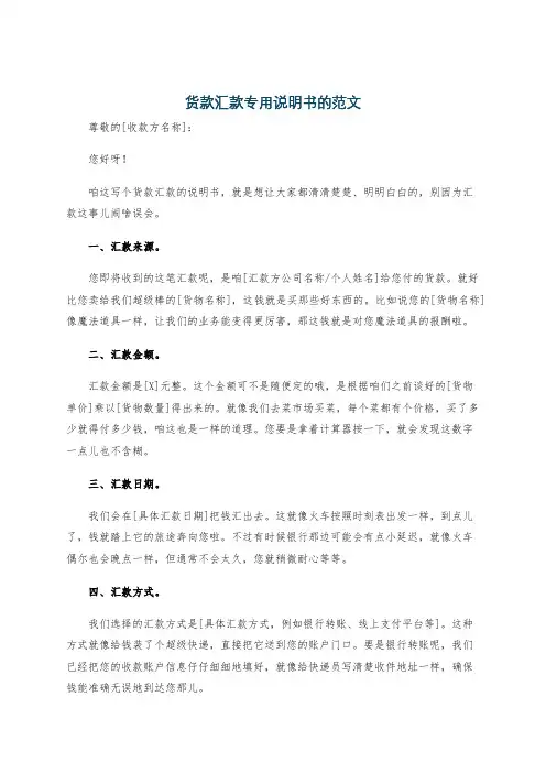 货款汇款专用说明书的范文