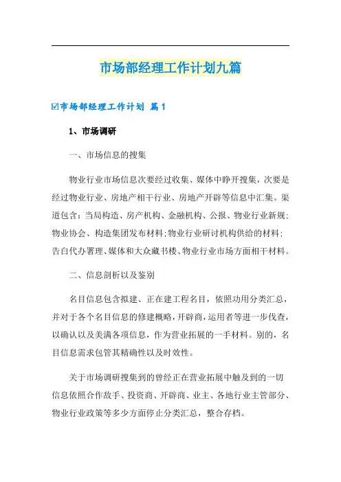 市场部经理工作计划九篇