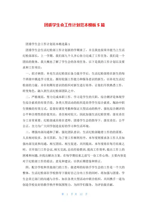 团委学生会工作计划范本模板5篇