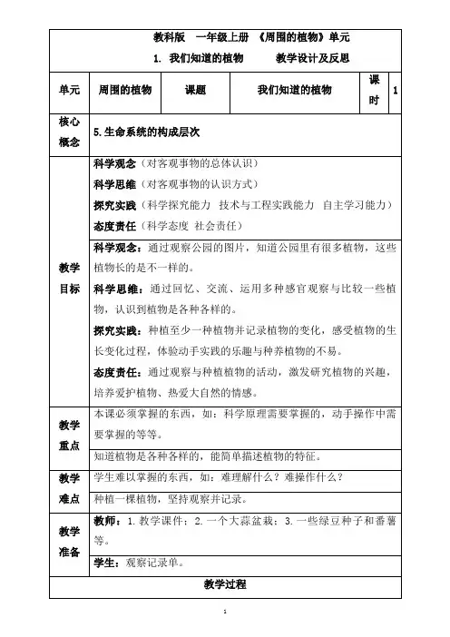 教科版科学一年级上册1.1《我们知道的植物》教学设计