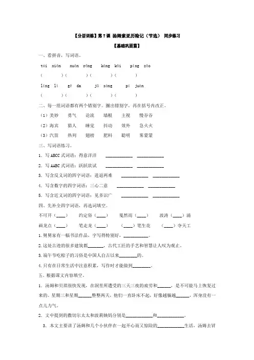 六年级语文下册 第7课 汤姆索亚历险记(节选) 同步练习 (含答案)(部编版)