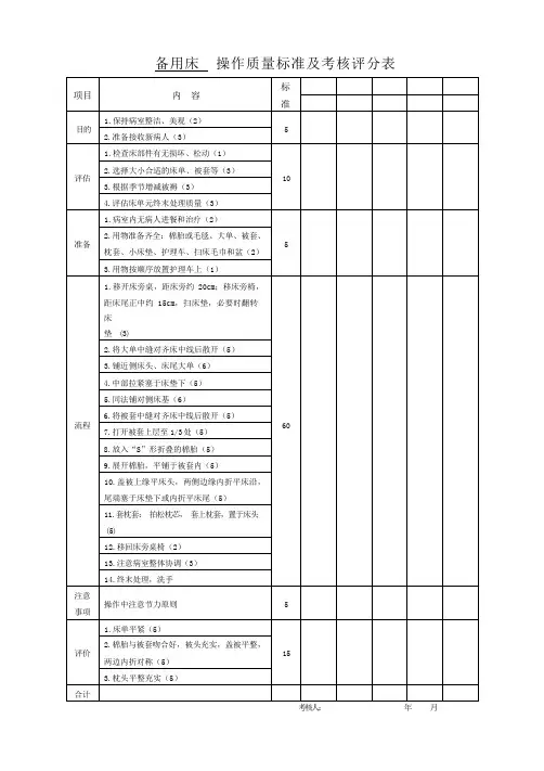 备用床操作评分表