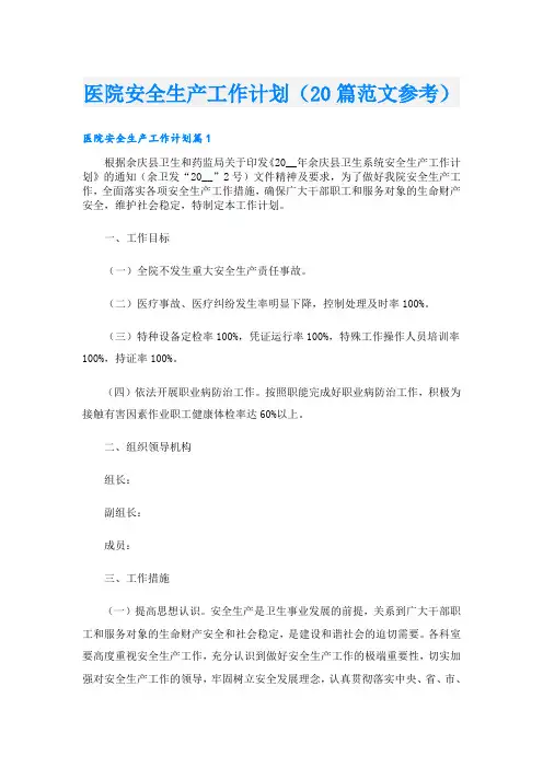 医院安全生产工作计划(20篇范文参考)