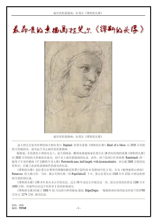 拉斐尔素描最高拍卖费《缪斯的头像》