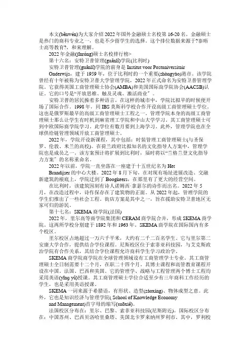 年国外金融专业名校盘点(16,20名)