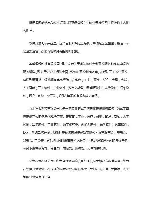 软件开发公司排行榜24年十大排名推荐