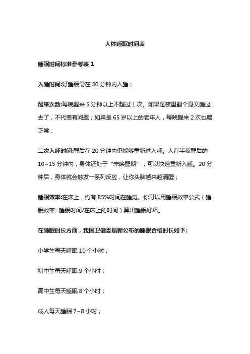 人体睡眠时间表