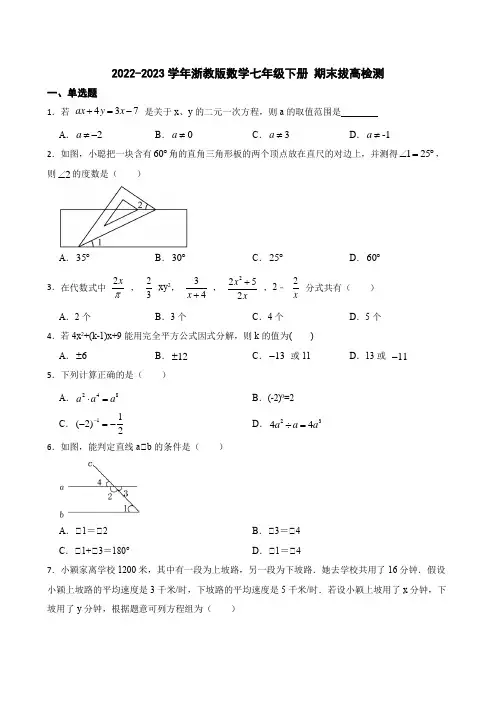 2022-2023学年浙教版数学七年级下册期末拔高检测