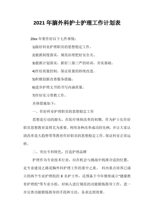 【精选】2021年脑外科护士护理工作计划表
