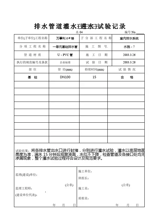 排水管道灌水试验记录