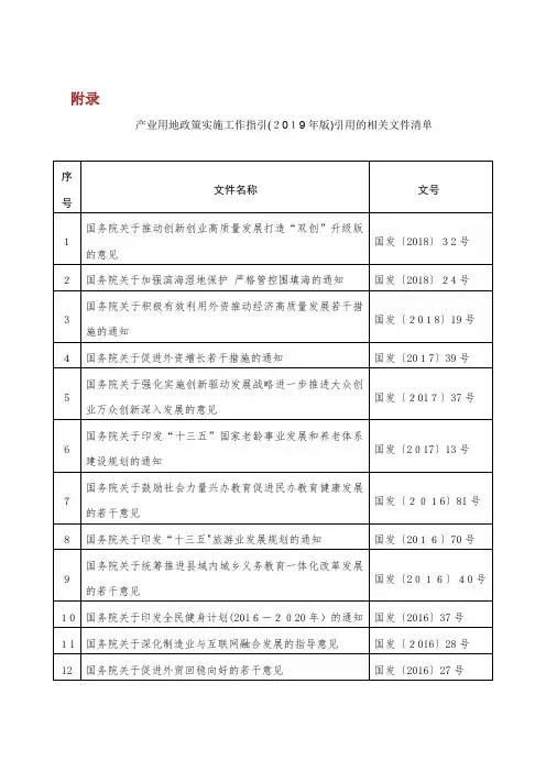 产业用地政策实施工作指引(2019年版)引用的相关文件清单
